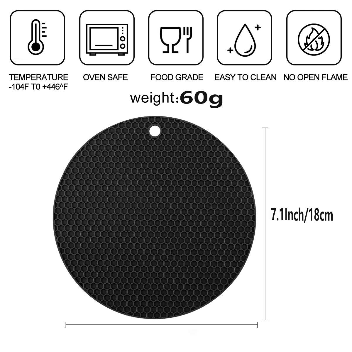 6pcs-7.1Inch-18cm，Black round silicone heat pad thickened, BPA-free, high temperature resistant, easy to clean, dishwasher safe