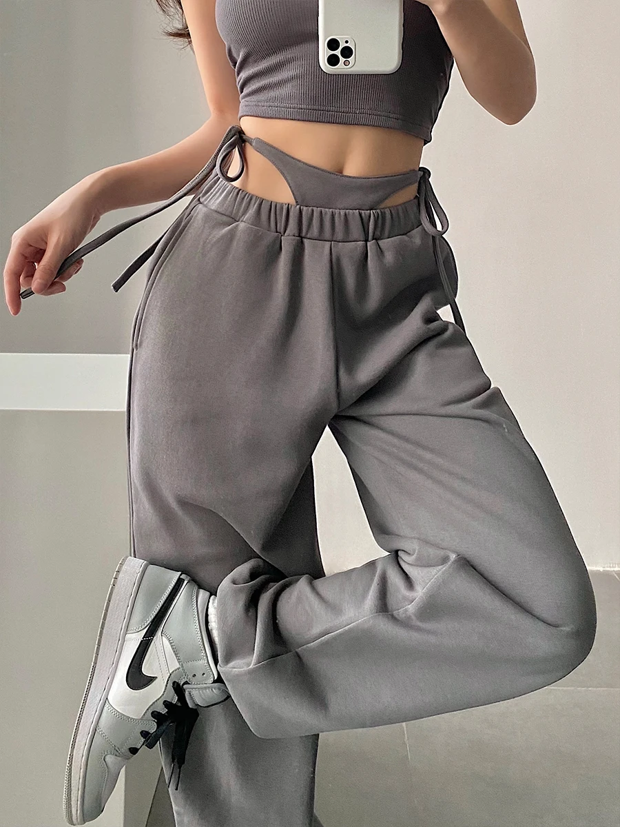 Street Style High Waist Drawstring Loose Slimming Cuffed Casual Pants Women's Sport Sweatpants Long Trousers