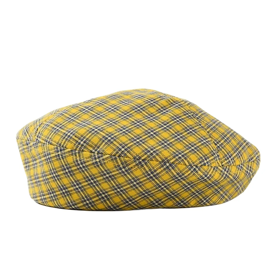 

Yellow Beret Women Green Beret Checkered Cap Summer Style Vintage Artist Hat Famale Plaid Cotton Hat Painter Cap Brand New
