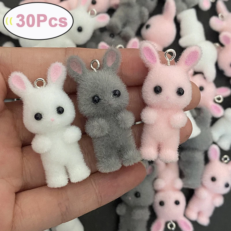 30Pcs Wholesale Fluffy Rabbit Resin Charms Cute Plush Animals Earrings Keychains Pendants for DIY Jewelry Crafts Making