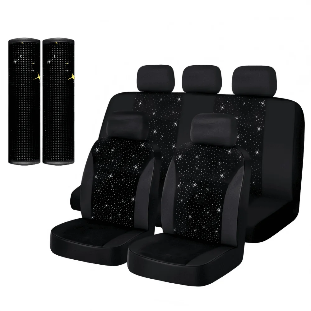 9pcs Set, White Rhinestone Car Seat Covers, Easy Clean, Durable, All-Season, Hand Washable, Polyester - Universal Vehicle Seat P