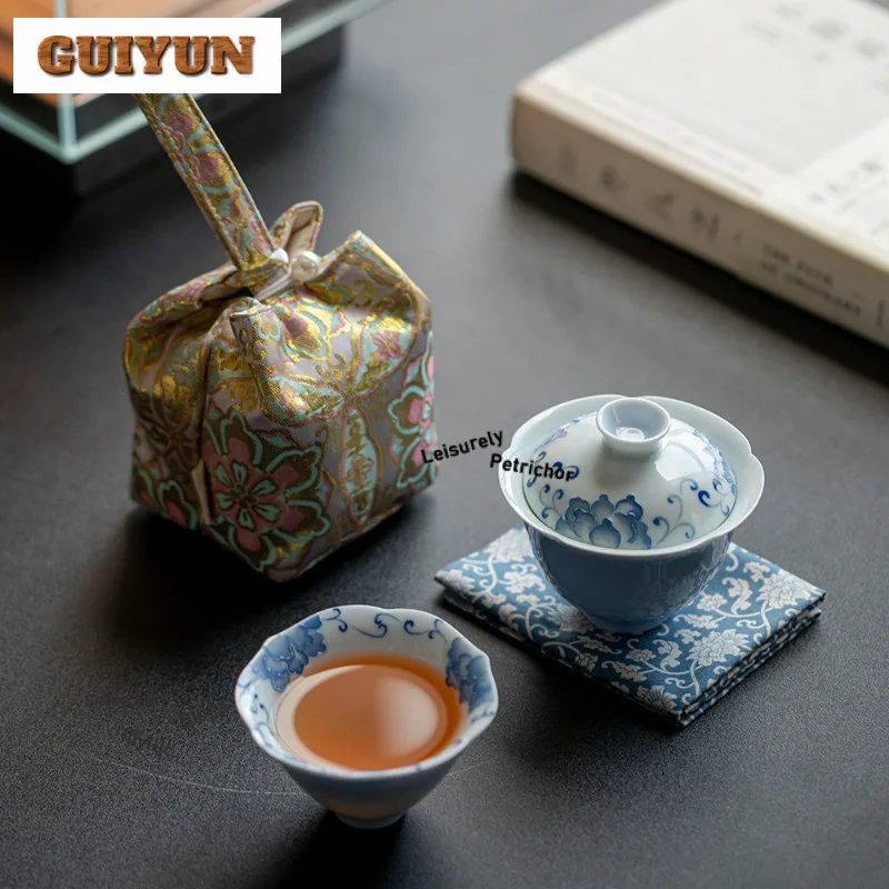 

Hand Painted Peony Travel Tea Set Kit Handmade 1 Bowl 1 Cup Household Tea Maker Organizer Portable Camping Tote Bag Cafes Craft