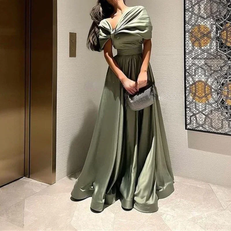 Customized New Luxury Graceful Evening Dress Long A Line Satin Floor Length Off The Shouldr Solid Temperament Formal Vestidos A-