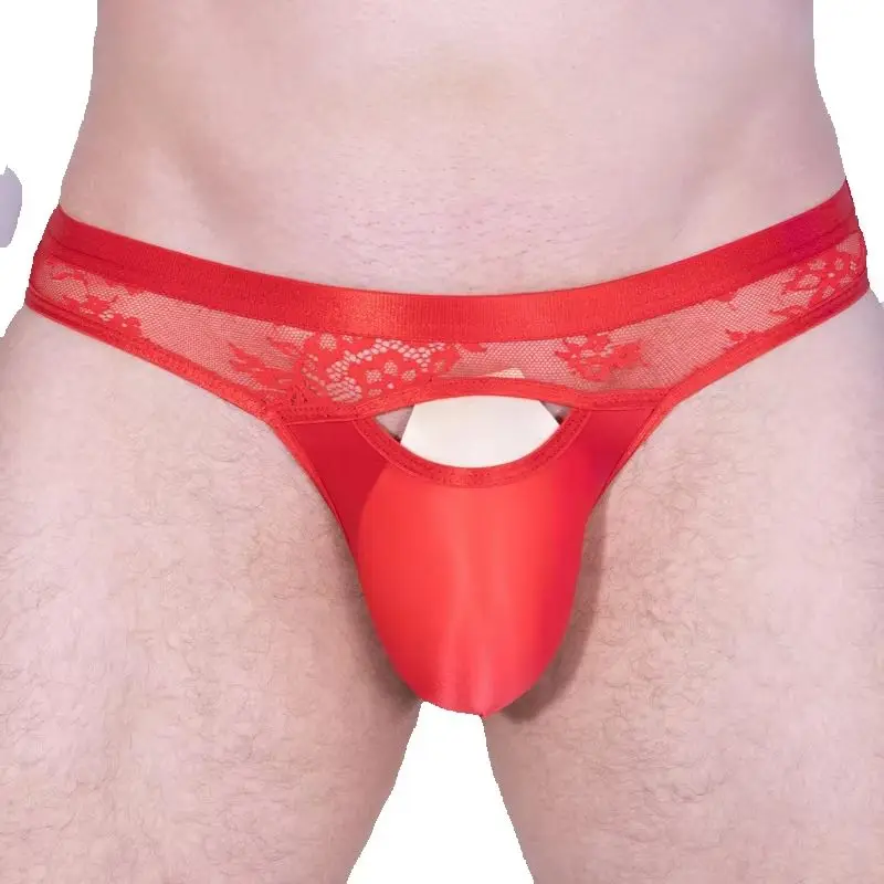 Men's Briefs Low Rise Elastic Waist Panties Open Pouch Underwear Lace Satin Patchwork Hollow Out Triangle Underpants