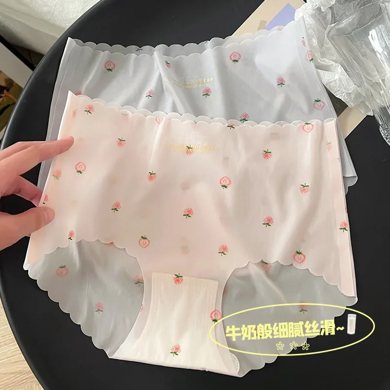 Strawberry Ice Silk Girl Ultra Thin Underwear Female Seamless Sexy Quick Drying Students Antibacterial Mid-waist Briefs Female image 3