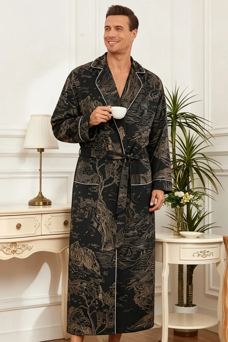 Men's Landscape Print Rayon Bathrobe Kimono Style with Belt Pockets Soft Breathable Loungewear for Home