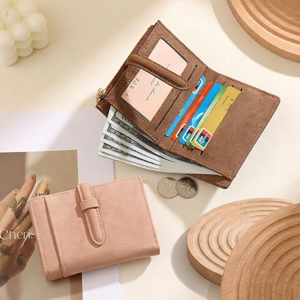 

Retro Matte Leather Short Wallet For Women Multi-slot Card Holder with Zipper Coin Pocket & Photo Window Slim Bi-fold Purse