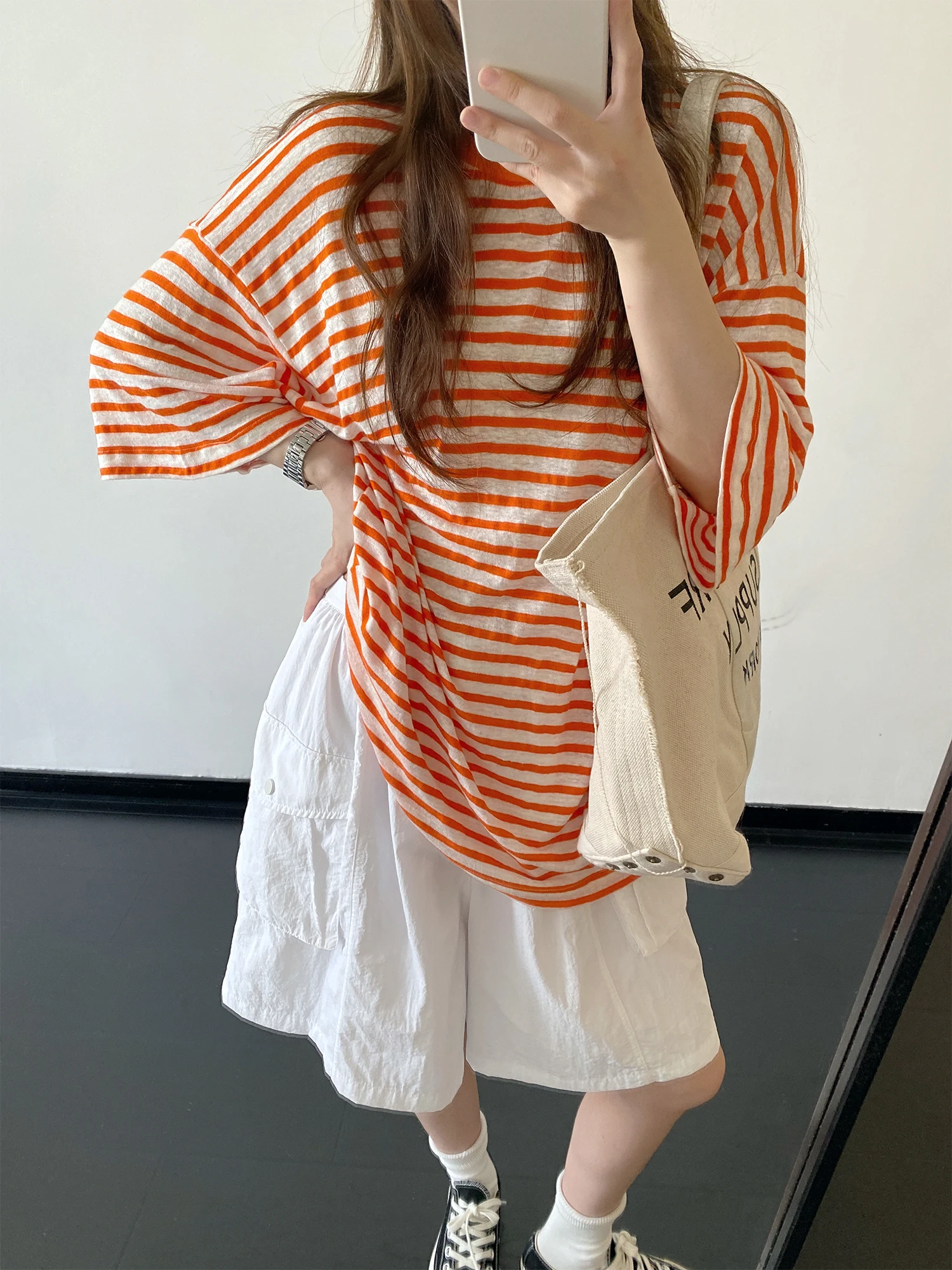 Oversize Knitted Short Sleeve T-Shirt Loose Shoulder Casual Style round Neck Striped Pattern Women's Summer Top Sun Orange