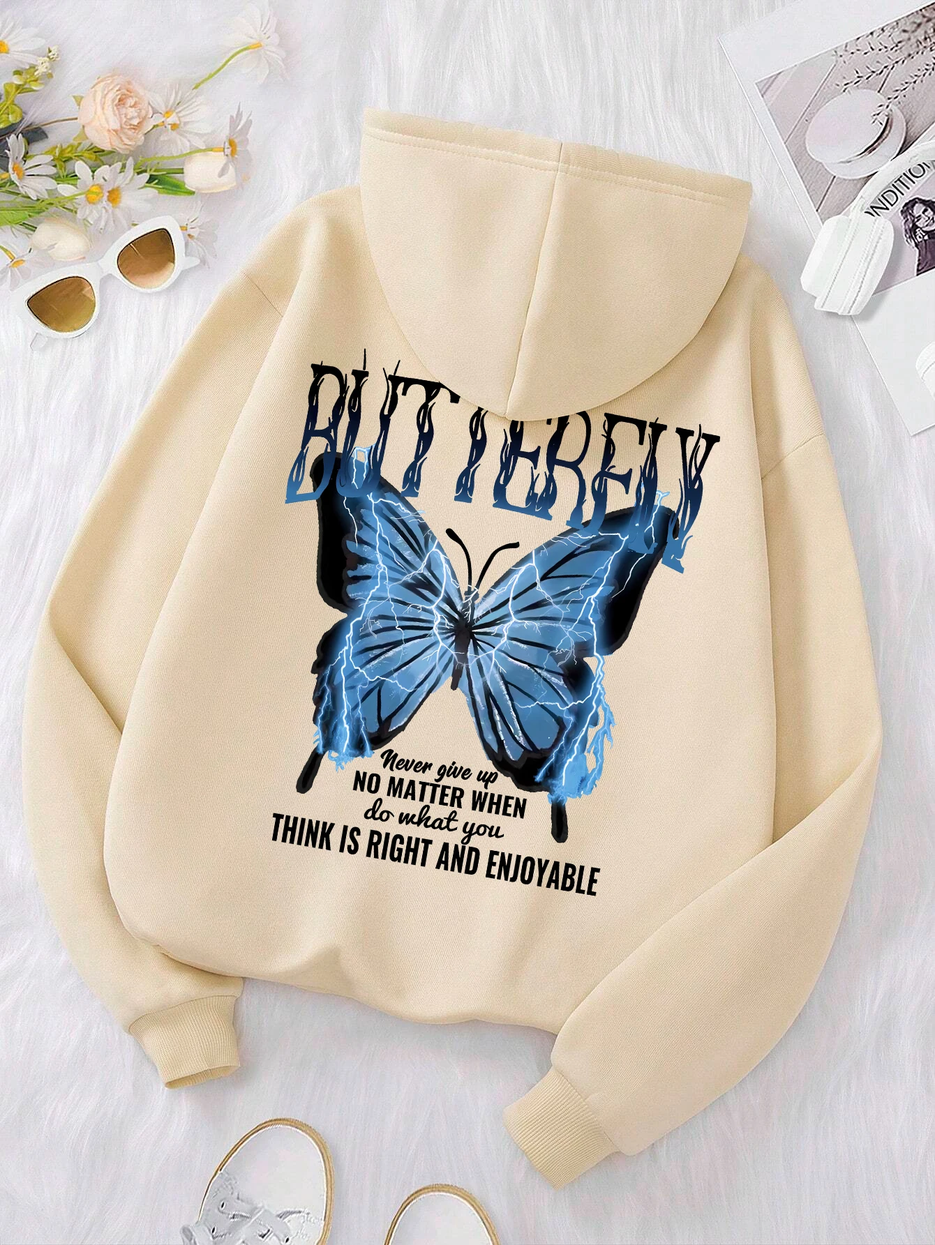 Blue Lightning Butterfly Creative Word Printed Hoody Female Cofortable Pocket Sweatshirt Loose Soft Hooded Casual Sportswears