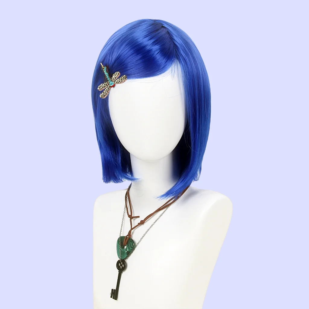 Reewes Blue Bob Wigs for Cosplay Cora Accessories Necklaces Pin Halloween Costume Party Wigs Synthetic Hair