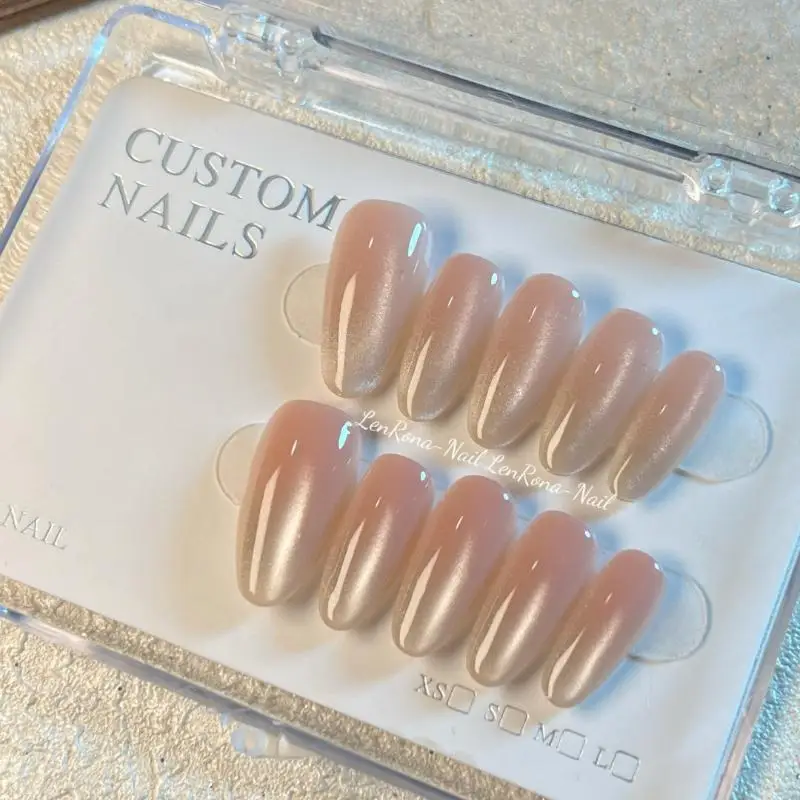 Solid Color Press On Nails, Ice Transparent Cat Eye Nails Handmade Nude Skin-Flattering Nail Patches