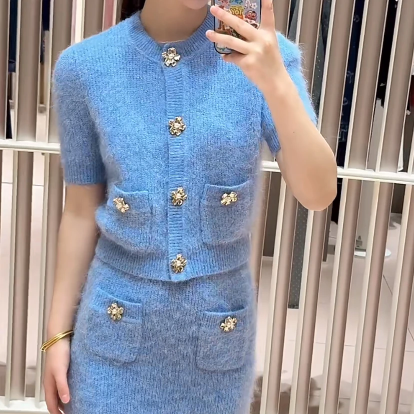 Blue Set Sweet Wind Plush Short Sleeve Knitted Cardigan Top+Skirt SP 24 Autumn/Winter New Collection Dresses for Women 2024 Mist