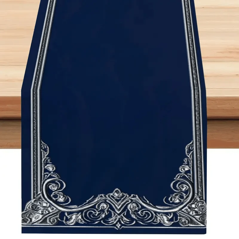 Silvery-Edged Blue European Floral Table Runner - Royal Palace Style Home Elegant Decor