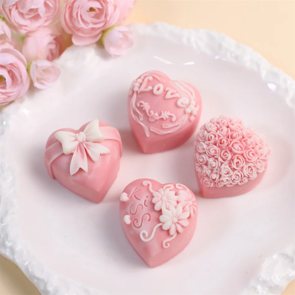 3D Love Heart Candle Silicone Mold Bow Rose Decor Soap Mold Diy Handmade Chocolate Cake Fondant Mold Kitchen Baking Tools