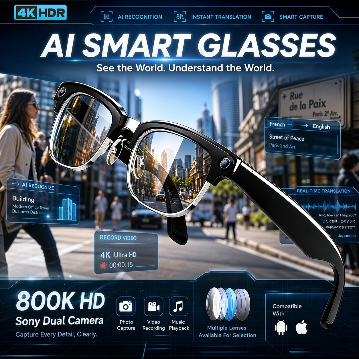 

2026 New AI Smart Glasses AI Translation 8MP HD Camera 4K Shooting Bluetooth Call Recording Music Smart Sunglasses For Men Women