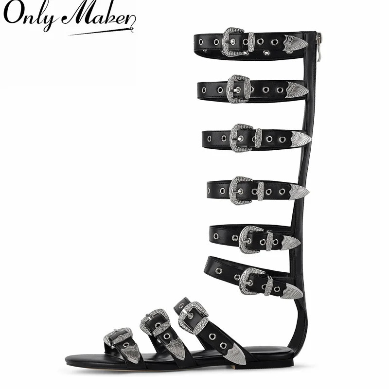 

Onlymaker Women Gothic Knee High Gladiator Sandals Flat Sandals Open Toe Back Zipper Big Size Fashion Luxury Punk Summer Sandals