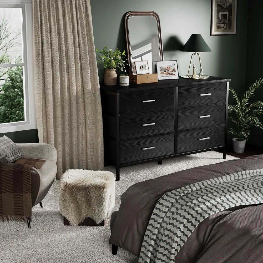 خزانة ملابس سوداء كبيرة لغرفة النوم 6 أدراج، وخزائن قماش واسعة وصناديق ذات أدراج حديثة