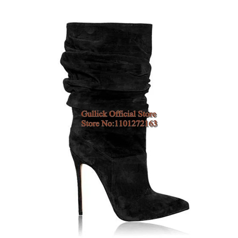Modern Pleated Boots Purple Suede Pointed Toe  Stiletto High Heels Woman Mid Calf Boots Slip On Stretch Fabric Fashion Footwear