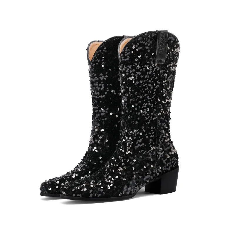 

Blinbling Glitter Sequined Western Cowboy Boots Retro Pointed Square Heel Sleeve Medium Boots Plus Size Sexy Women's Boots 34&43