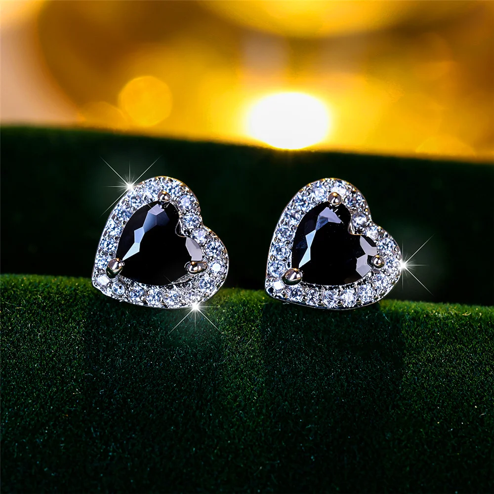 Cute Female Black Zircon Stone Small Heart Stud Earrings Vintage Silver Color Wedding Jewelry For Women