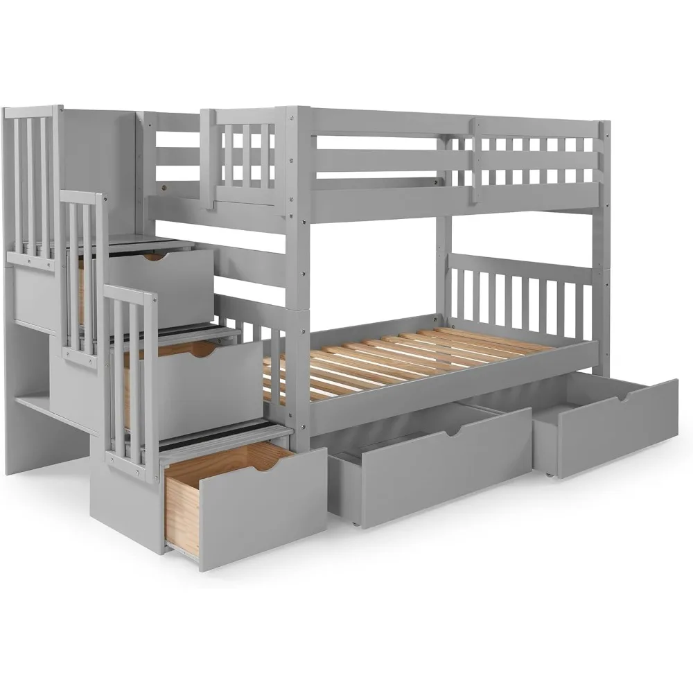 Treppen-Etagen betten Twin über Twin mit 3 Schubladen in den Stufen und 2 Schubladen unter dem Bett, keine Box spring erforderlich, Kinder bett Loft