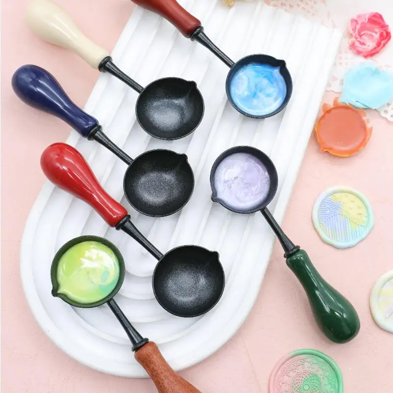 New Sealing Wax Non-Stick Spoon Anti-Hot Wood Handle Retro Wax Stamping Spoons Fire Paint Melting Firing Stamp Metal Tool