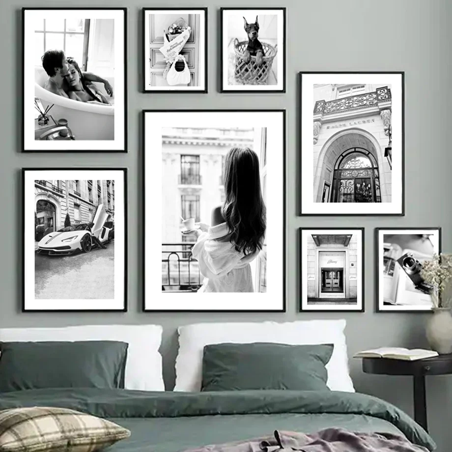 5\'\' 6\'\'7\'\' 8\'\'A4 Black Photo Frame With Canvas Painting Black White Woman Camera Car Doberman Picture Frame Nordic Poster Prints