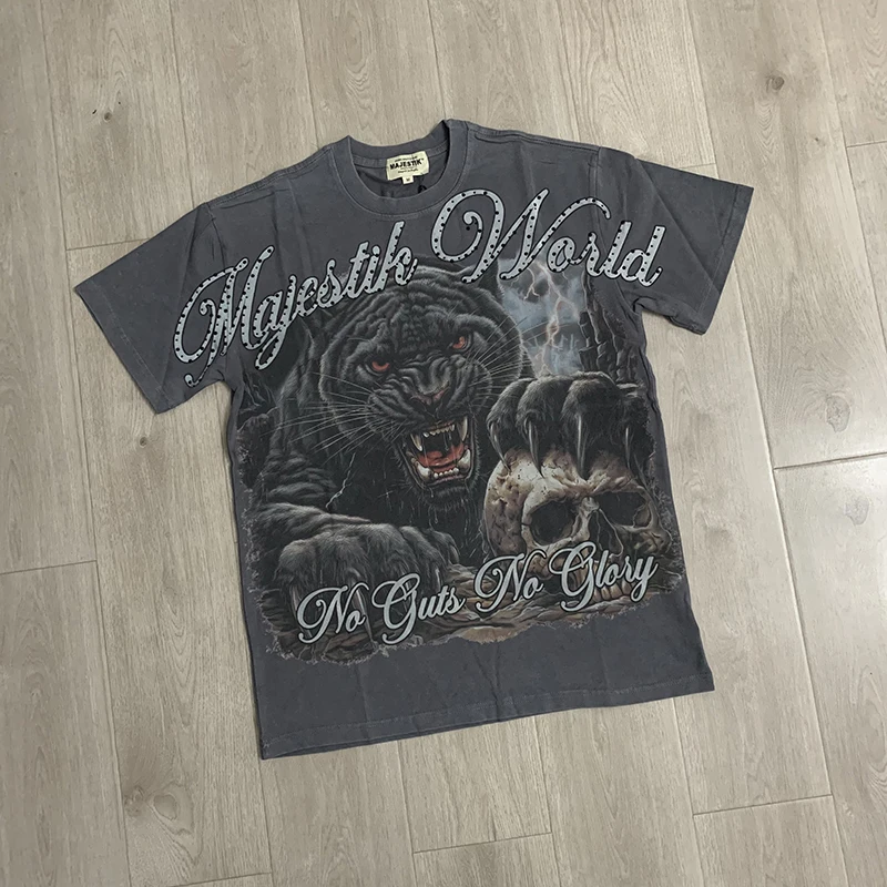 Majestik T-Shirt Streetwear Brand Vintage Wild Leopard Skull Print Men Women Washed Distressed Rhinestone Top