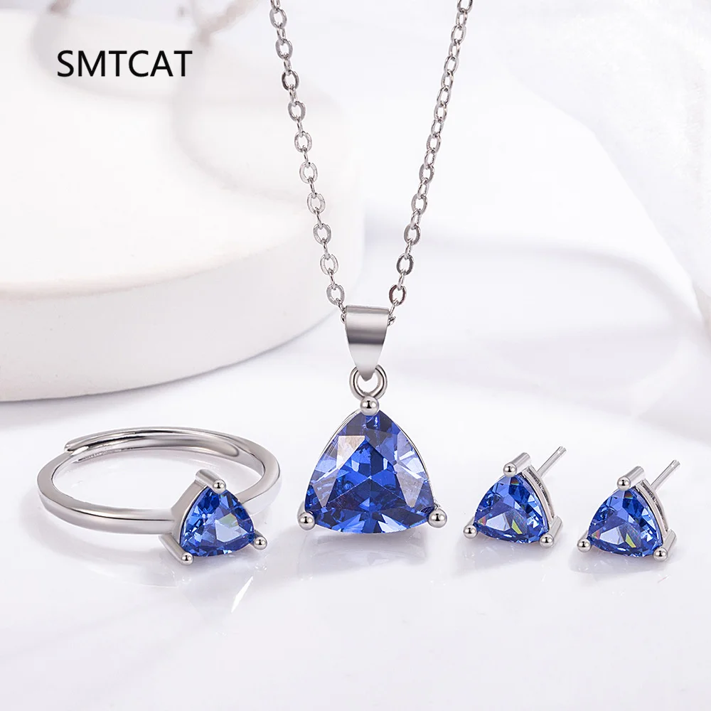

Создано синий сапфир, стерлинговое серебро 925 пробы, геометрическое треугольное кольцо + ожерелье + серьги, комплект ювелирных изделий с драгоценными камнями для женщин, подарок на день рождения