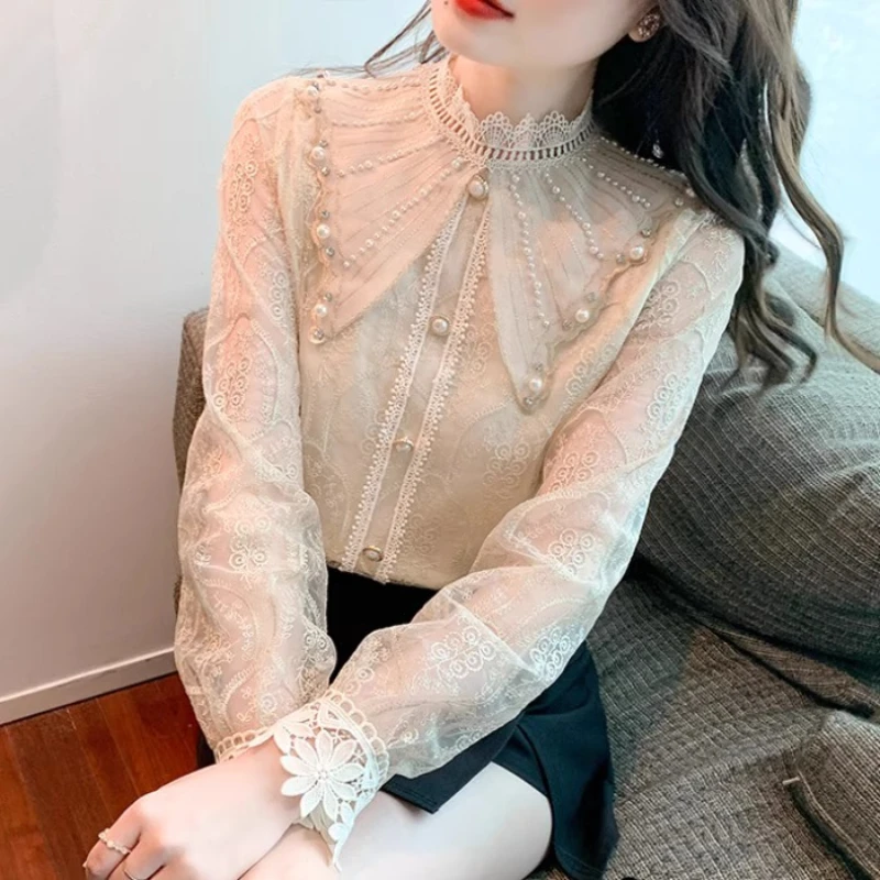 

2025 Spring Fall Women Ruffles Lace Pachwork Pearls Beige Top Shirt , Woman Stand Collar European Style Vintage Tops Shirts