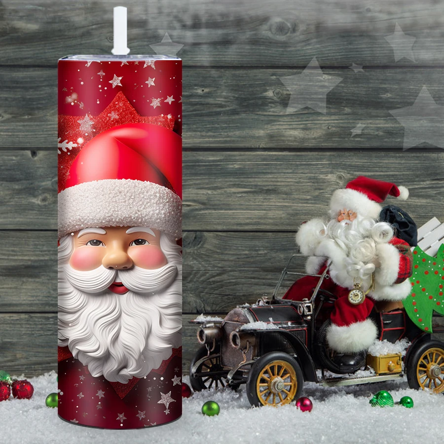 20oz Merry Christmas Festive Red Tumblers Straw Lid Print 3D Print Santa Claus Coffee Skinny Mugs Hot Cold Insulated Tumblers