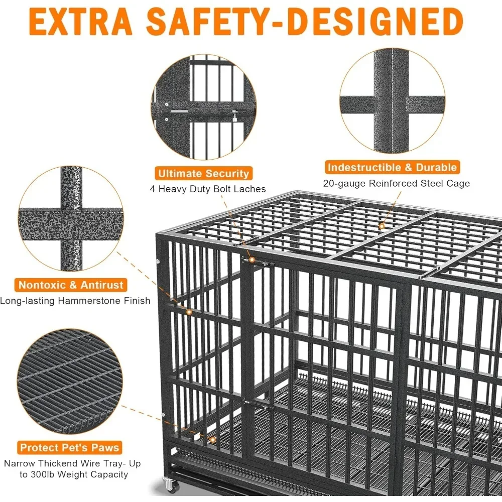 48/42/38 inch Duty Indestructible and Escape-Proof Dog Crate Cage Kennel for Large Dogs, High Anxiety Dog Crate with Removable