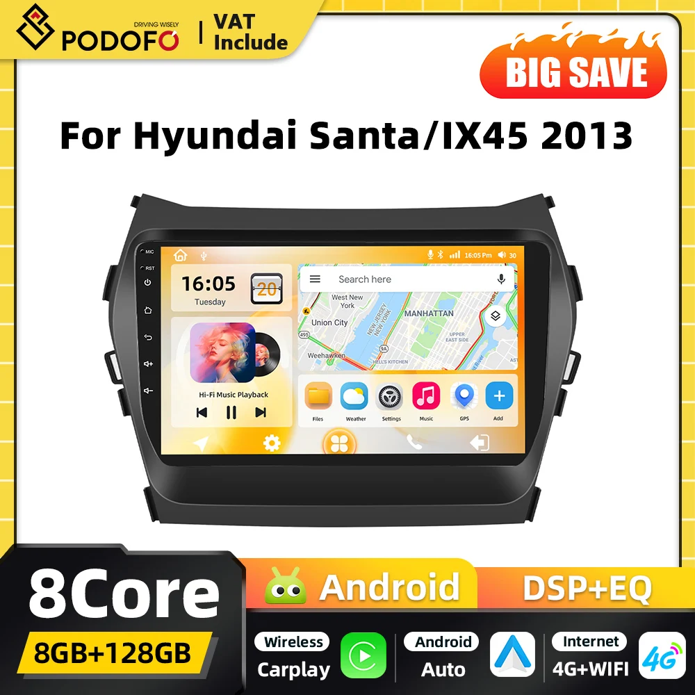 Podofo 8core Carplay 2din Android Car Radio Stereo for Hyundai Santa IX45 2013 BT FM Android Auto GPS DSP RDS WIFI Autoradio
