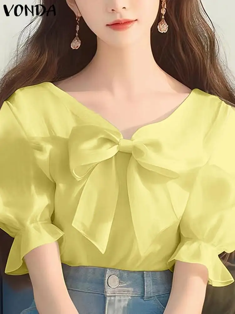 2024 الصيف فوندا بلوزة عصرية المرأة قصيرة الأكمام بلوزات الصيف عادية الشارع الشهير قمصان Bowknot Blusas فضفاضة بلوزات مستديرة العنق كبيرة الحجم