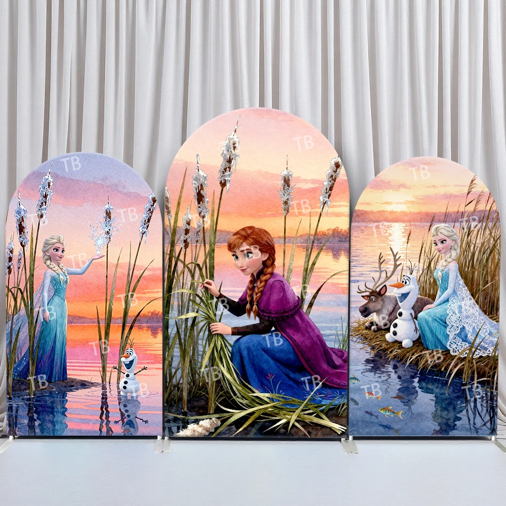 

TB Frozen Arch Backdrop Cover Sunset Lake Reed Watercolor Theme with Elsa Anna for Kids Birthday & Baby Shower Photo Booth