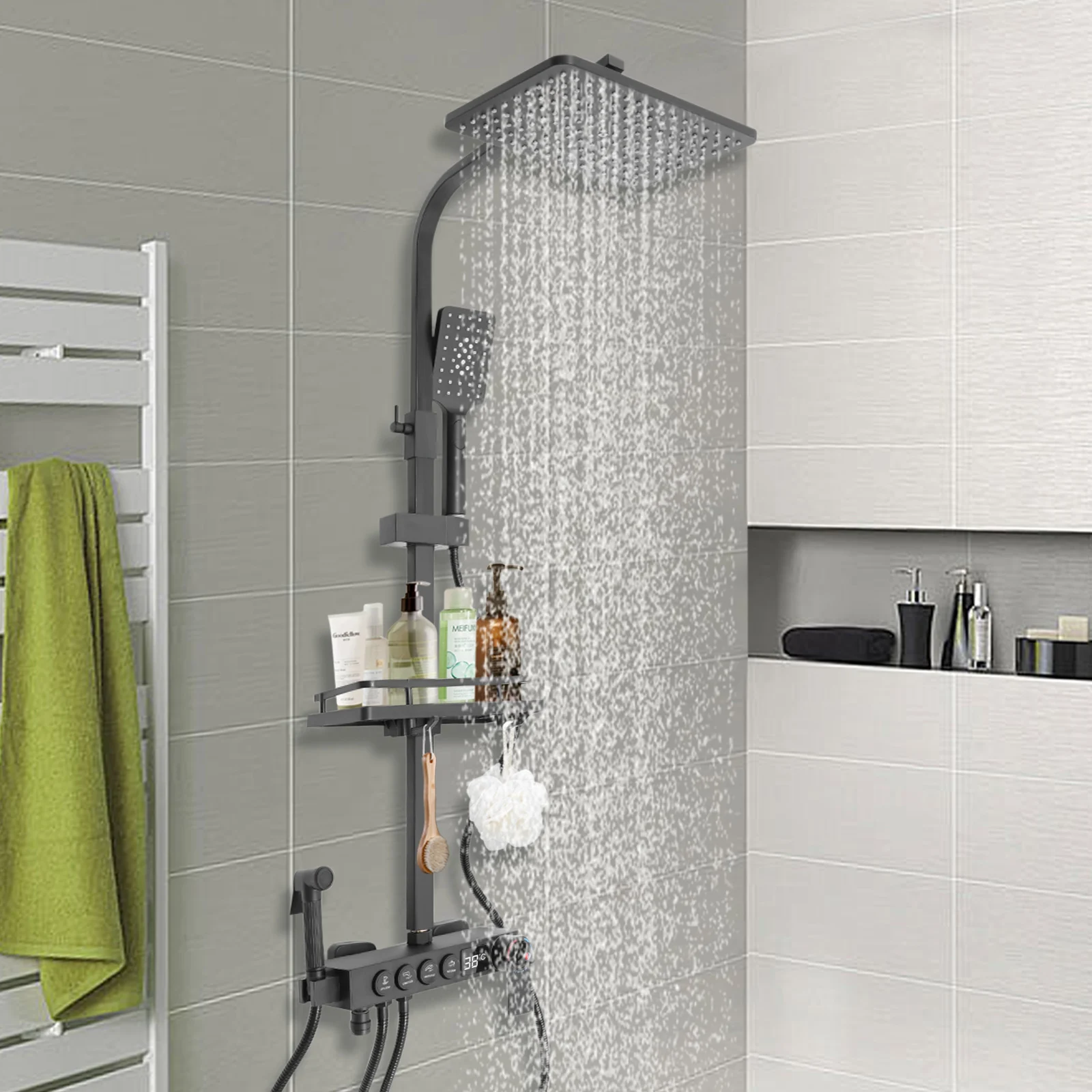 Abrasion-Resistant Shower System Shower Set with Digital Display Multiple Modes Effortless Cleaning for Home Bathrooms/Hotels