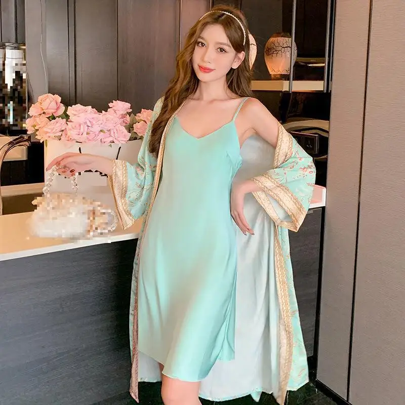 Print Women Kimono Bathrobe Nightgown Suit New Summer Twinset Robe Gown Set Casual Satin Sleepwear Lounge Wear Home Dress