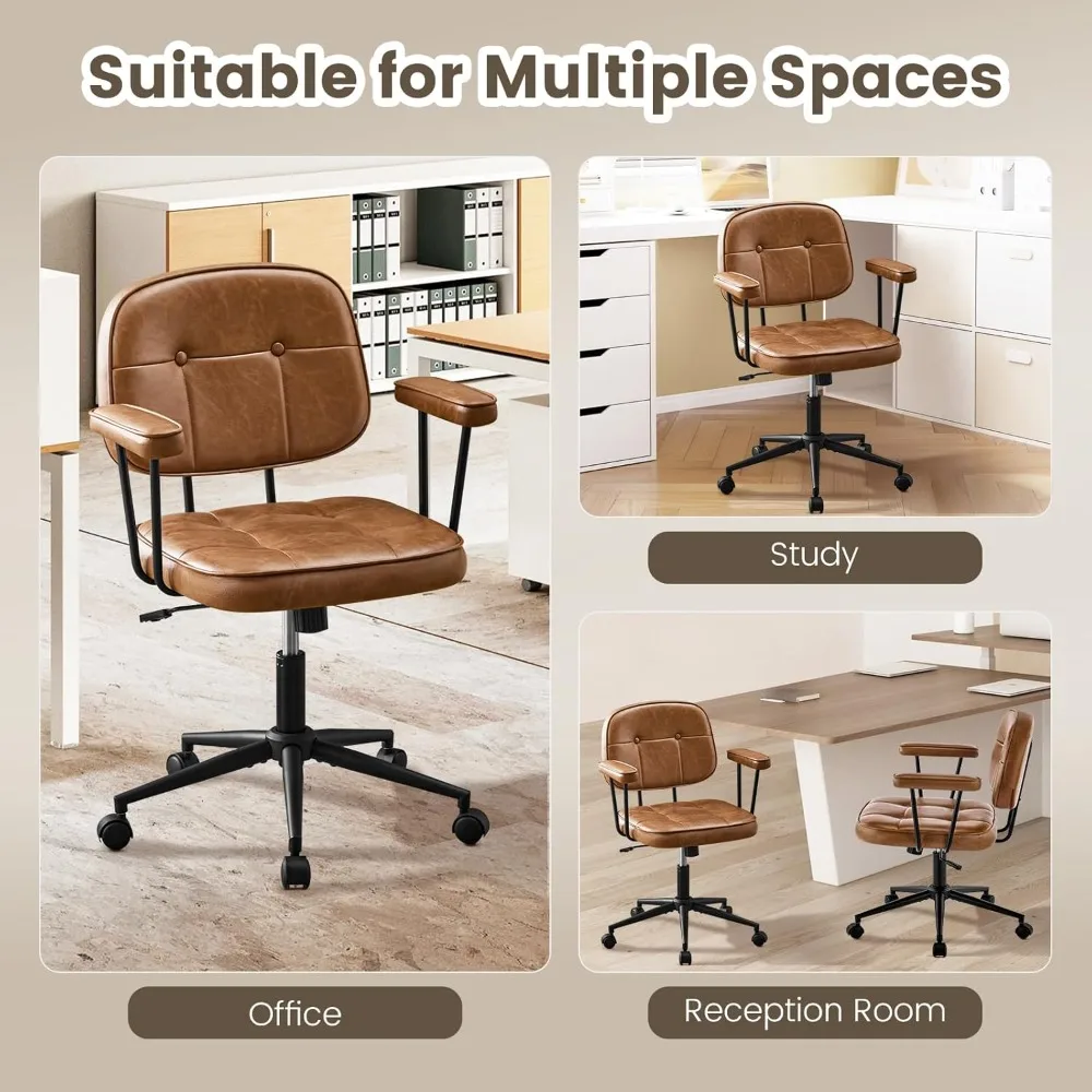 كرسي مكتب منزلي مع مسند ذراع مبطن بعجلات، كرسي مكتب جلدي مريح مع دعم قطني متوسط الظهر قابل للتعديل #3