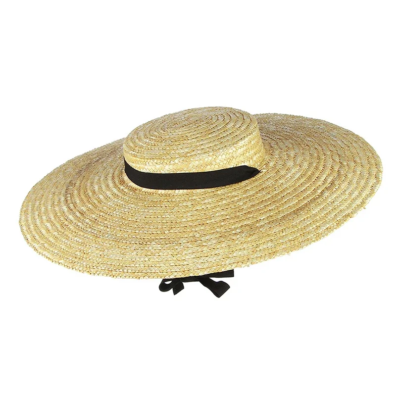 New Summer Women Fashion Large Brim Straw Hat Flat Women with Black Ribbon Sun Hat Beach Cap 12/15/18cm