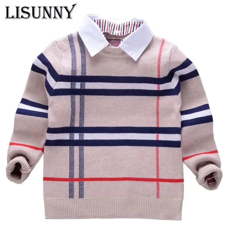 2024 Shirt collar Boys Sweaters Baby stripe Plaid Pullover Knit Kids Clothes Autumn Winter New Children Sweaters Boy Clothing