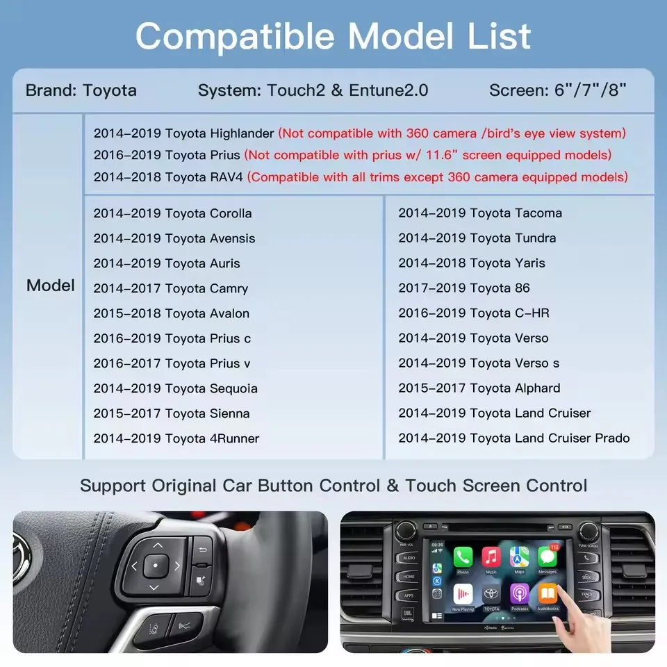 Wireless Apple Carplay Android Auto For TOYOTA Touch2 Entune2.0 Tundra Tundra RAV4 Tacoma Camry Corolla Avalon Prius CH-R Module