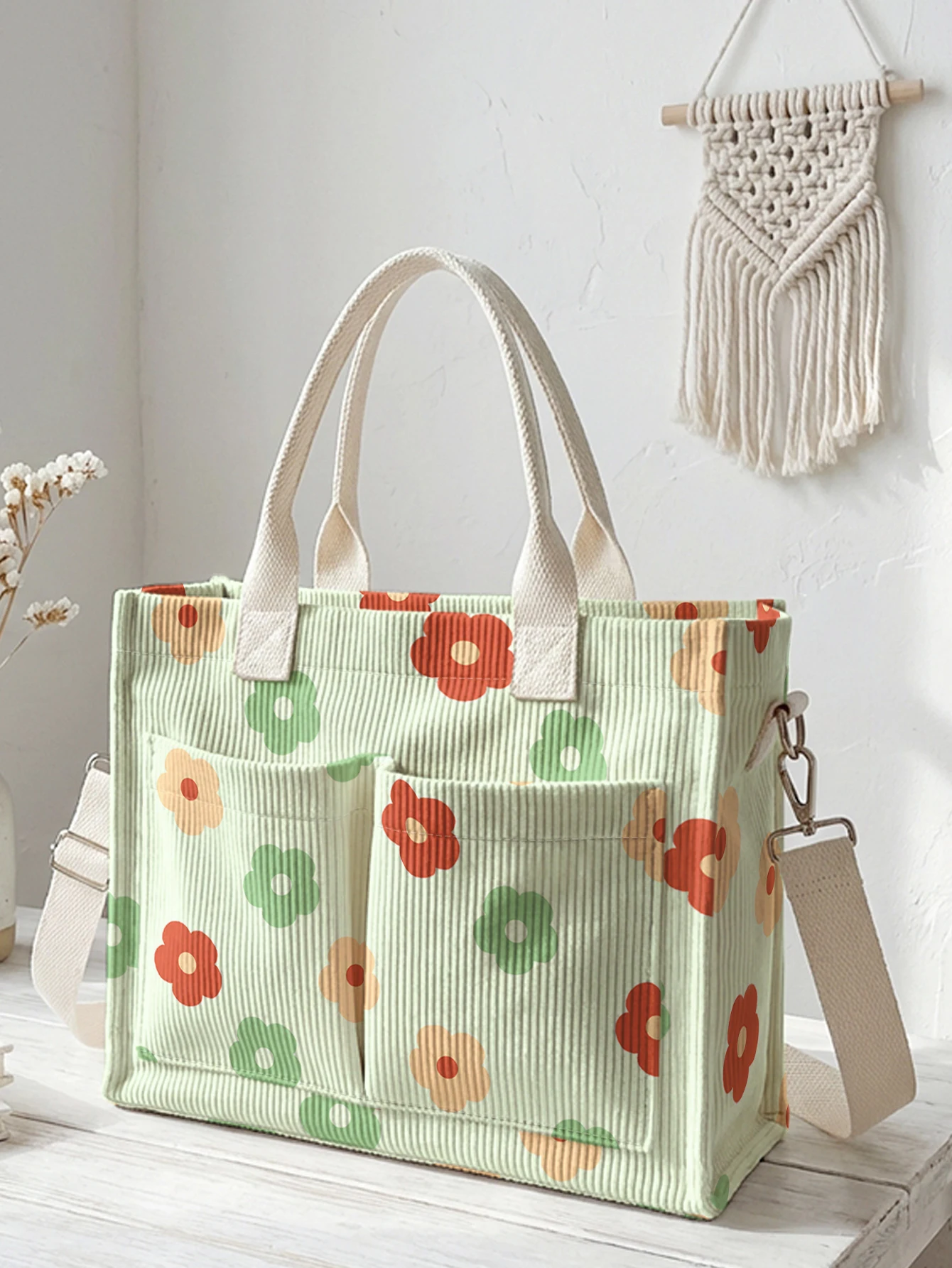 

Colorful Retro Flower Print Corduroy Tote Bag Large Capacity Multi Pocket Commuter Shoulder Bag
