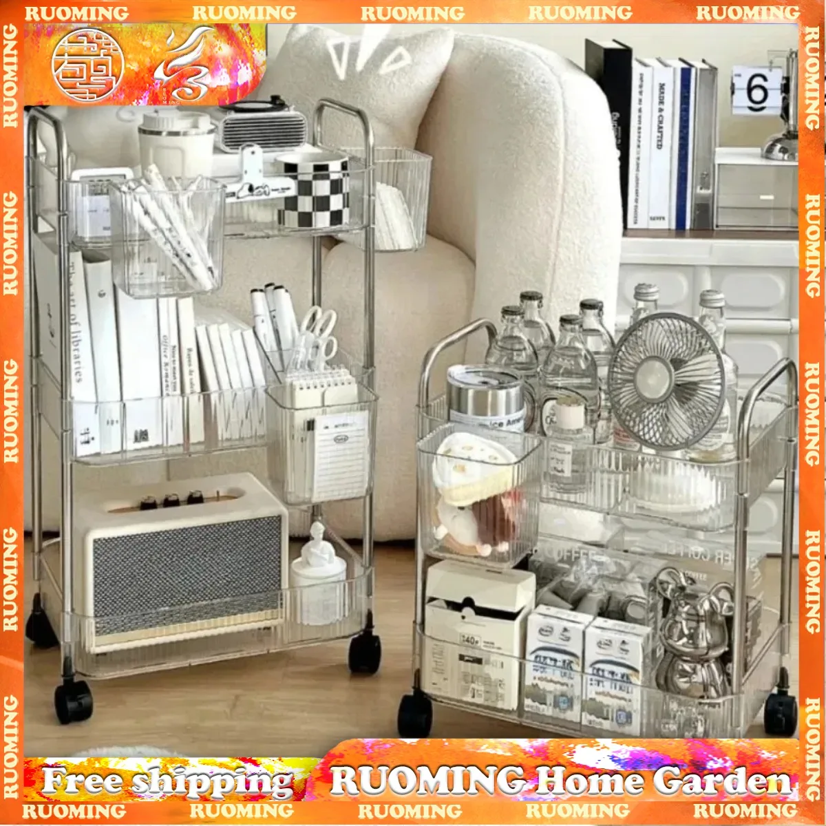 2/3/4 Layers Transparent Rolling Cart with Removable Hanging Basket Acrylic Rolling Multilayer Cart for Bathroom Storage Trolley