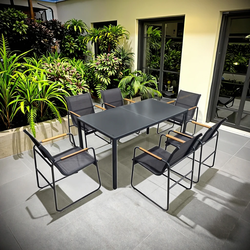

Modern 7-Piece Rectangle Dining Table Chair Set New Outdoor Iron Furniture for Patio Garden Hotel