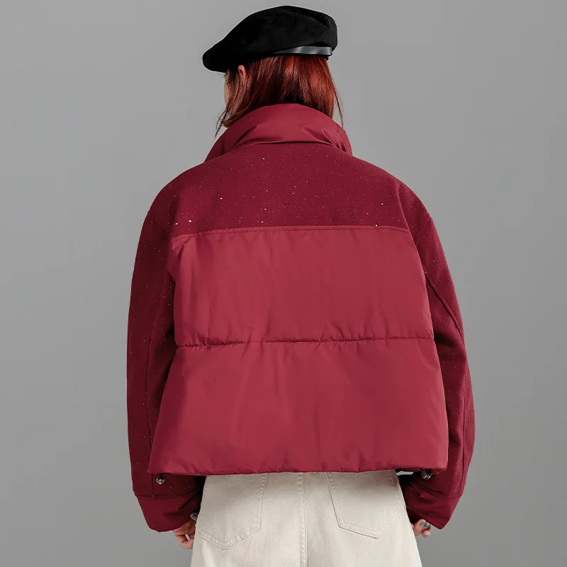 أنيقة الترتر الوقوف طوق سترات قصيرة المرأة شعبية المرقعة جيب كبير الشتاء سترة رشاقته الدافئة سستة معطف مبطّن بالقطن