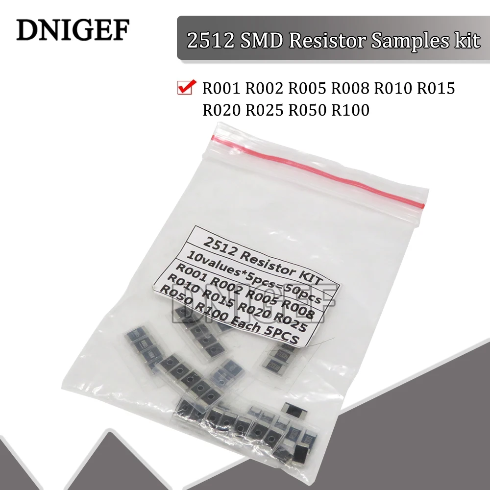 50 шт., комплект образцов резисторов 2512 SMD, сопротивление сплава, 10 видов * 5 шт. = 50 шт. R001 R002 R005 R008 R010 R015 R020 R025 R050 R100