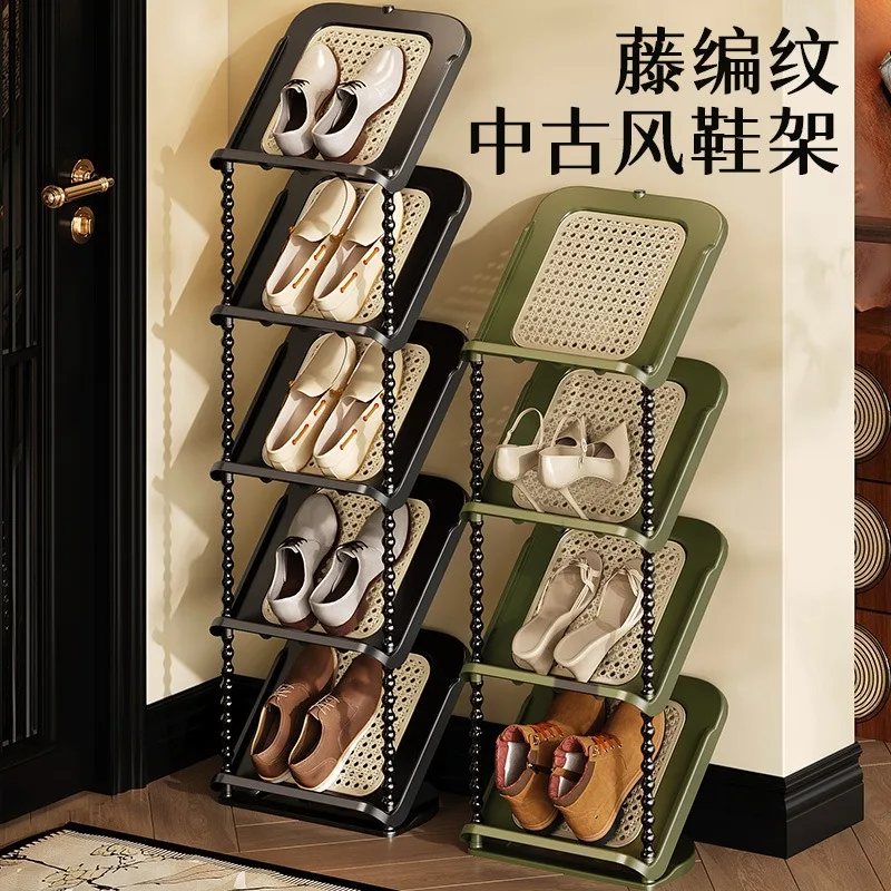 rattan inclined shoe rack, multi-layer household space-saving entrance storage rack, medieval multi-functional simple shoe rack