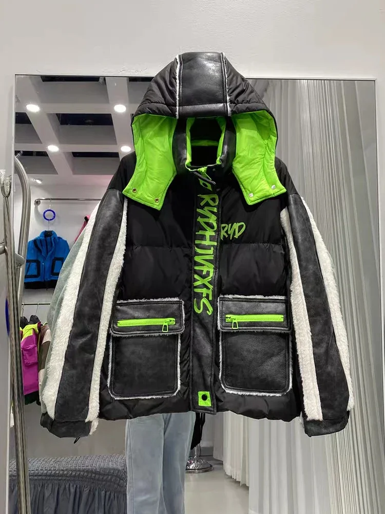 

Women White Duck Down Patchwork Parker Outwear Coat Winter Removable Hooded Letter Down Jacket Female Warm Zipper Quilted Jacket