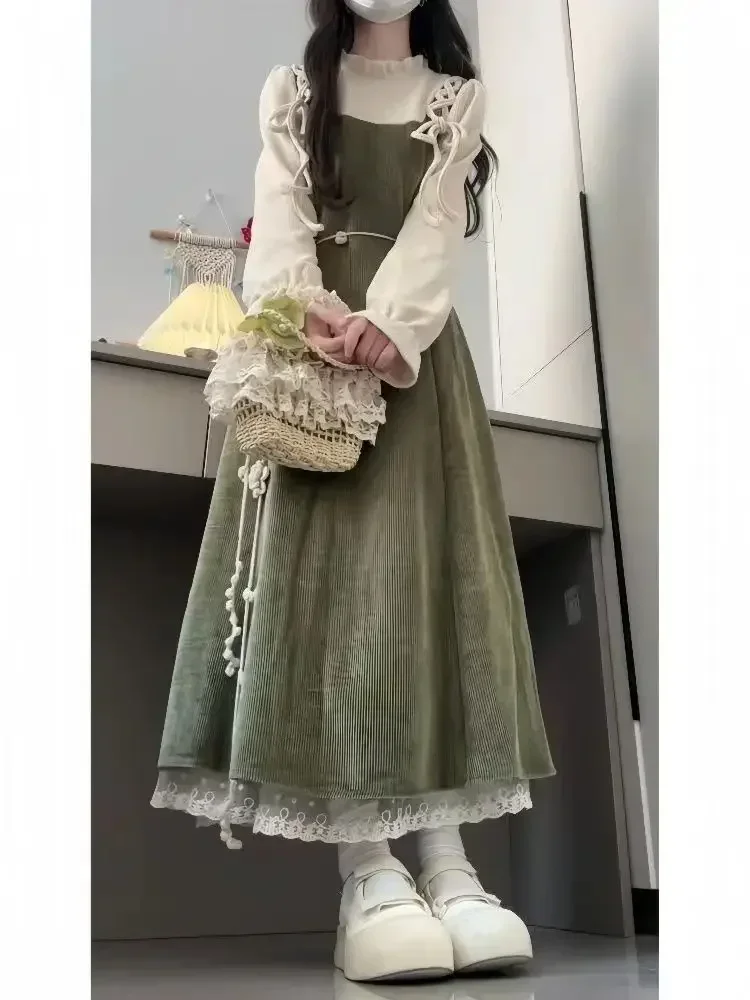 Feminino 2025 novo outono style coreano manga longa camisa قاعدة topos cintura cinching efeito fina alça de ombro vestidos partsices