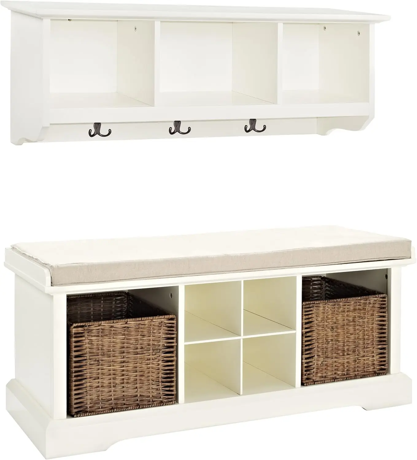 

Crosley Furniture Brennan 2-Piece Entryway Set with Shoe Rack Bench and Wall-Shelf with Coat Hooks, White